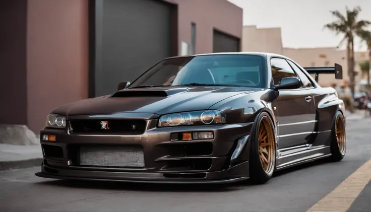 Coloca el GTR R34 Liberty Walk frente a un colorido y vibrante mural de arte callejero cartoon tunning