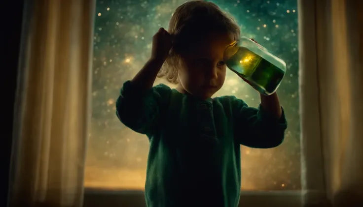 Child looking into glass bottle with nebula inside