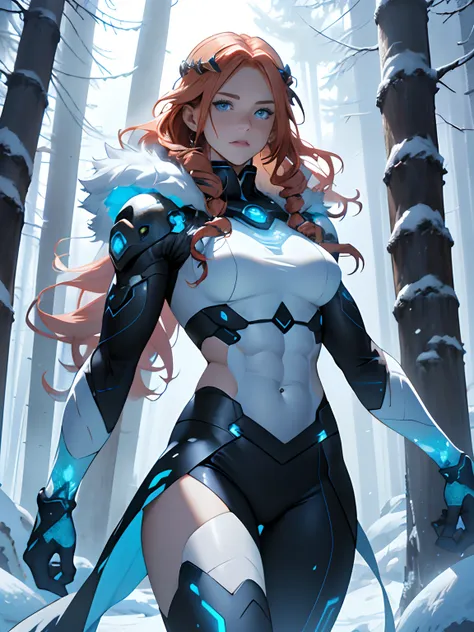 Buff Pale girl with Glowing icy blue eyes, long curly ginger hair, abs, muscular, female, anime style, 4k image, wrapped around in ice magic, wearing futuristic fur viking outfit, ethereal, snowy forest background