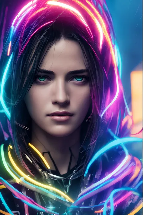 hyper realistic photograph portrait cyberpunk rainbow Female, masterpiece, best quality, photorealistic, cinematic lighting, dark atmosphere, volumetric lighting, 64k, ULTRAHD SHOT