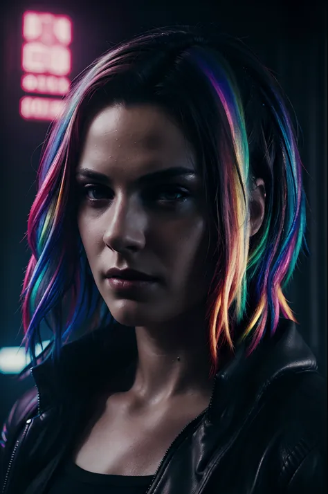 hyper realistic photograph portrait cyberpunk rainbow Female, masterpiece, best quality, photorealistic, cinematic lighting, dark atmosphere, volumetric lighting, 64k, ULTRAHD SHOT