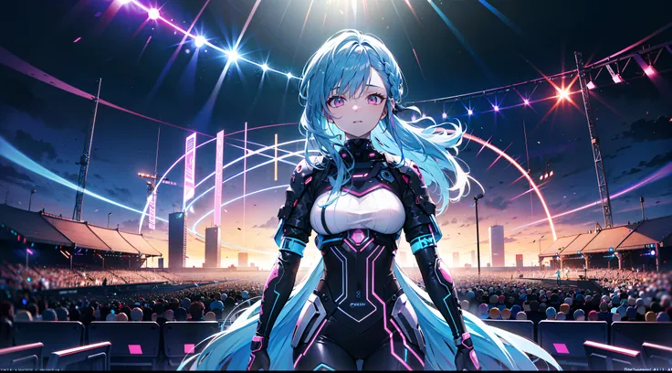 Blue hair, braided ponytail,pink eyes, Fair skin ,Cowboy Shot,Dynamic Angle,Front shot, right side.There are many bright cyber-metaverse cities in the background, very detailed beautiful face and eyes, AI creative art scene singing on stage in front of an ...