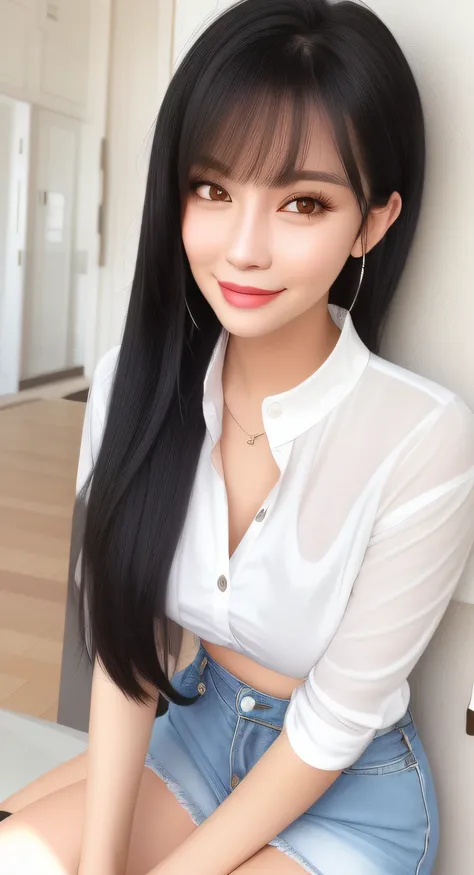 Smiling woman with black hair in white shirt and denim shorts