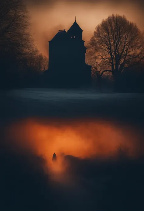 silhouettes of mysterious beings walls in dark blue tones orange smoke looking like a ghost from the past haunting the icy landscape