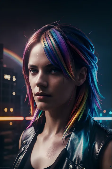 hyper realistic photograph portrait cyberpunk rainbow Female, masterpiece, best quality, photorealistic, cinematic lighting, rainbow atmosphere, volumetric lighting, 64k, ULTRAHD SHOT