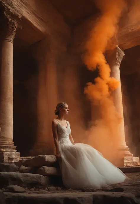 ruins of an ancient time being observed by orange smoke with a womans face 4k