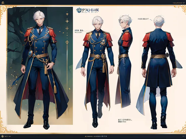 ((Masterpiece, Highest quality)), Detailed face, character design sheet， full bodyesbian, Full of details, frontal body view, back body view, Highly detailed, Depth, Many parts, Muscle boy with white hair，handsome man, navy, commander, man tall