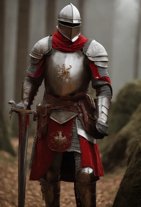 Crie uma imagem de um soldado medieval com armadura com detalhes vermelhos. Ajoelhado e machucado, com partes da armadura danificada e desacordado. No estilo anime, sem fundo.