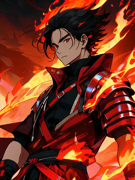 Native Hawaiian man with fiery red eyes, black hair, male, anime style, 4k image, wrapped around in fire, wearing futuristic armor street wear outfit, ethereal, volcano background