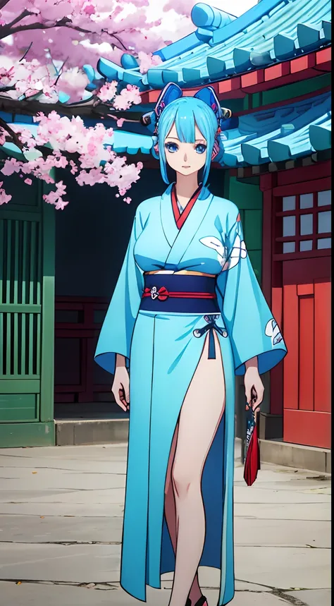 A 20-year-old woman, blue hair, large breasts, slender body, blue eyes, wears a kimono, Chinese features, anime.