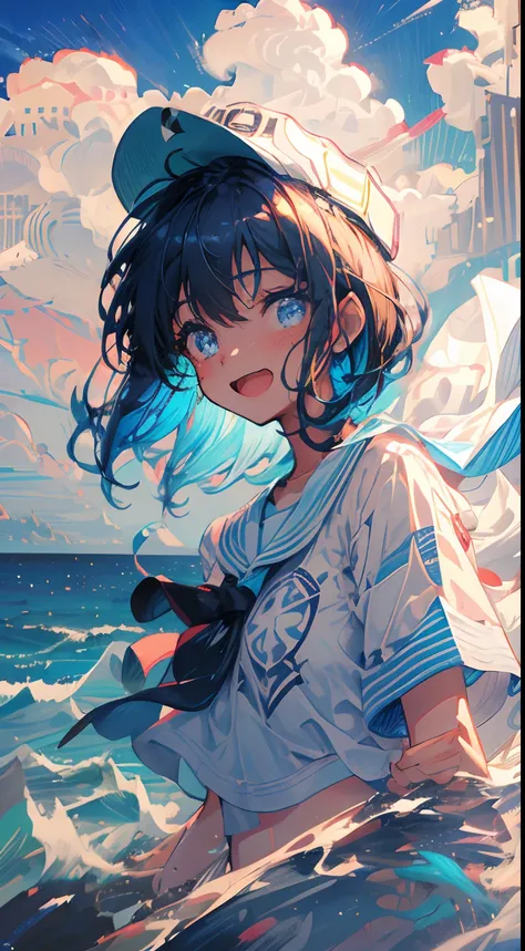 (masterpiece), best quality, cute marine girl looking to the viwer, (marine clothes, navy clothes) white cap, cropped shirt, defined abdomen, volumetric image,digital art, glowing eyes, happy,happyness, happy energy, shiny eyes, open mouth, wind, perfect a...