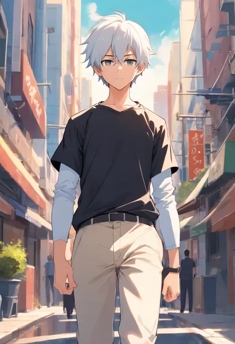 a cartoony boy with white hairblack shirt and white arm sleeves with no head and brown pants