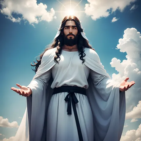 Jesus Christ is standing on a hill, Olhando para o horizonte. Hes wearing a white robe and a blue robe., and her hair is long and dark. Ele tem uma barba e um bigode, and his eyes are blue. hes smiling, and its expression is one of love and compassion.

th...