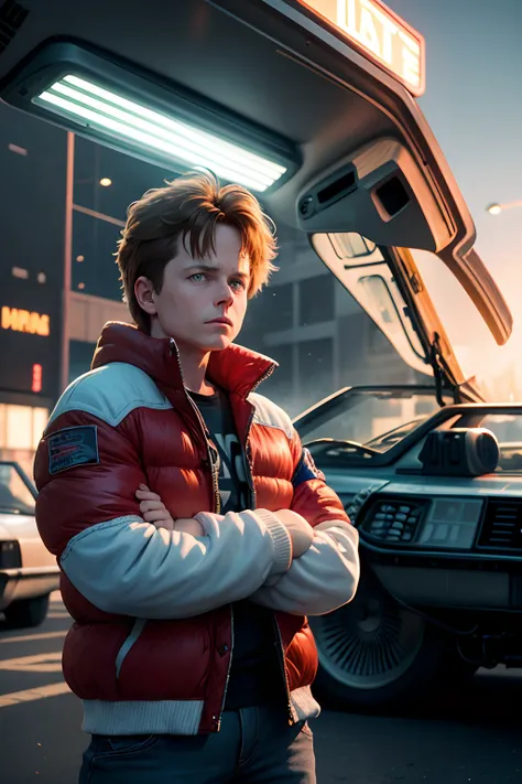 Create an iconic image from the movie Back to the Future with actor Michael J. Fox as Marty McFly. He must be standing in front of the DeLorean DMC-12, looking in amazement at the car, while holding Grays Sports Almanac. In the background, the iconic scene...