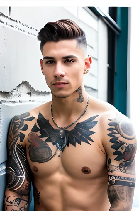 Alafed Man leaning against the wall, inked, Portrait!!!!, Light Brown Piercing Eye, Illustrative!!, tattooed, fascinated expression, Muscular body tattoos, optic:Intriguing piercing eye, by Emanuel Witz、fully body photo、