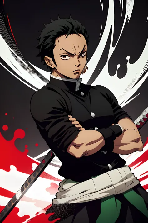 black young man, negro, zoro hairstyle, black hair, red sword, uniforme demon slayer, bleach pose, black eyes