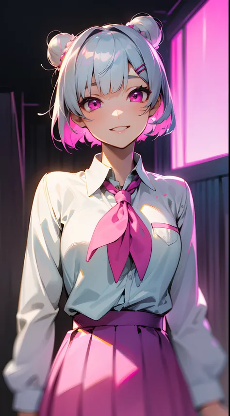 (Best Quality,hight resolution:1.2),Silver hair,bob Haircut,Short hair style,Hair tied in a bun with a hair clip,Pink eyes,Blake Blue Skirt,Pleated skirt,School uniform,Pink skirt,looking at the viewers,Refreshing,Illustration,Anime style,Soft lighting,Viv...