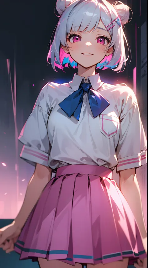 (Best Quality,hight resolution:1.2),Silver hair,bob Haircut,Short hair style,Hair tied in a bun with a hair clip,Pink eyes,Blake Blue Skirt,Pleated skirt,School uniform,Pink skirt,looking at the viewers,Refreshing,Illustration,Anime style,Soft lighting,Viv...