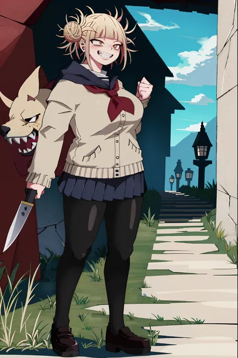 Toga Himiko , full body, standing ,smile, sharpteeth,cloak, fantasy, knife holding, long skirt,, big breast, curvy, solo, germanic skirt, pants