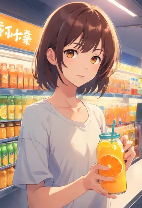 Someone has a bottle of orange juice with a sticker, Drink, Made with drinks, it has lemon skin texture, Lemon Demon, Wang Chen, Energy Drinks, qiangshu, lava, daoshu, 千 葉 雄 大, fire punch, Komono, zmonzheng