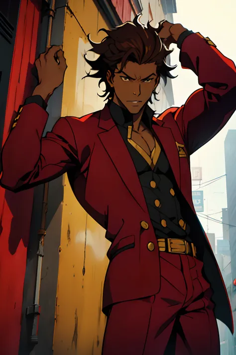 black young man, negro, messy hair, brown hair, jojo pose, show, red suit, lindo, drip