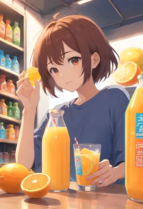 Someone has a bottle of orange juice with a sticker, Drink, Made with drinks, it has lemon skin texture, Lemon Demon, Wang Chen, Energy drinks, qiangshu, lava, daoshu, 千 葉 雄 大, fire punch, Komono, zmonzheng,Wringing by hand,