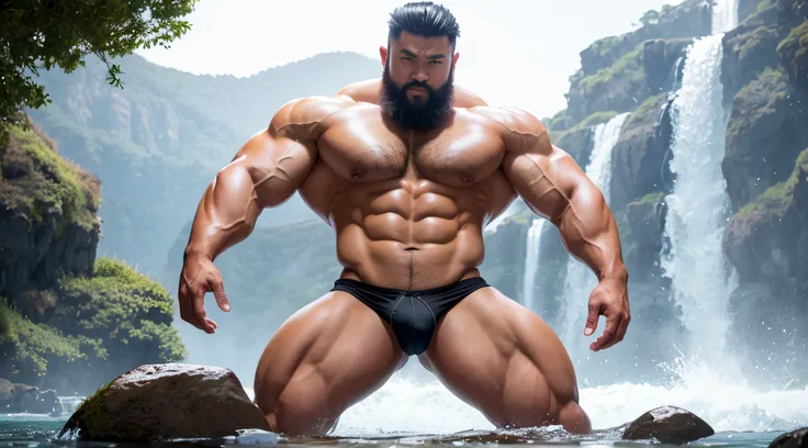 A Chinese bodybuilder，short detailed hair, Wear bright gold thong panties，Stand under the waterfall, Short beard perfect figure with tattoos, Very huge and strong body, Bulging muscles, musculous, Very large pectoral muscles，Very sexy abs，The legs are musc...