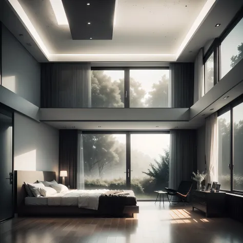 Bauhaus style house interior, glass house with a sloping roof, modern, dynamic, modern furnishings with a 1960s feel, dark muted colors, (RAW photo, real, best quality, masterpiece:1.2), (hyper realistic, photo-realistic:1.2), high quality, (dark lighting:...