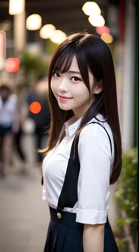 1 girl, Japan person, looking view, smile (smile: 1.15), medium breasts, beautiful detail eyes, night, long hair (long hair: 1.9), SCHOOL uniforms, white skin, TOKYOcty, (8k, best quality, masterpiece: 1.2), (realistic, photorealistic: 1.37), super detaile...