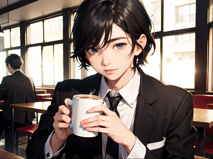 1boy,11 only、(Mans :2),(bobhair:1.5)、A dark-haired、Drinking coffee、Brightly colored ties、cafes、beautiful  lighting、hightquality、masutepiece,8K,hight resolution、