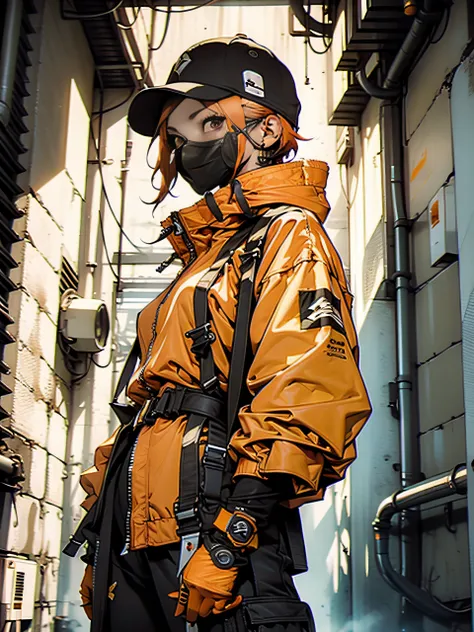 Nijistyle, cyberpunk woman tech wear uniform, white and yellow techwear clothing, yellow and black safety tapes, Simon Bisley style. He wears a cap, orange jacket, industrial setting, cables and pipes, ventilation ducts, ((( orange cr ))), perfect body, la...