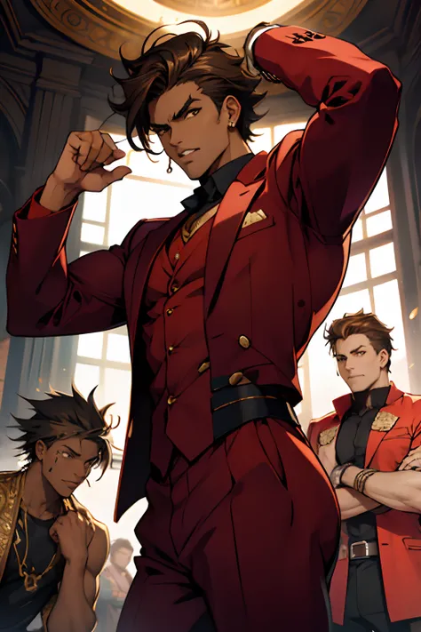 black young man, negro, messy hair, brown hair, jojo pose, show, red suit, lindo, festa, dance