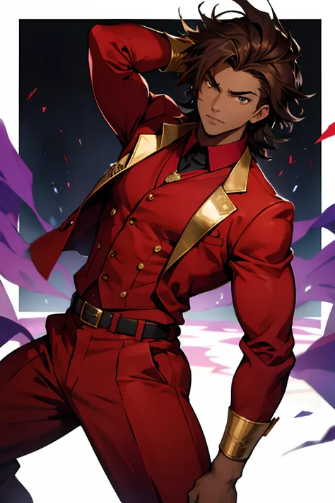 black young man, negro, messy hair, brown hair, jojo pose, show, red suit, lindo, festa, dance