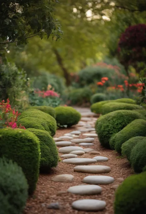 A path of soft stones winds through the garden, leading to various points of contemplation