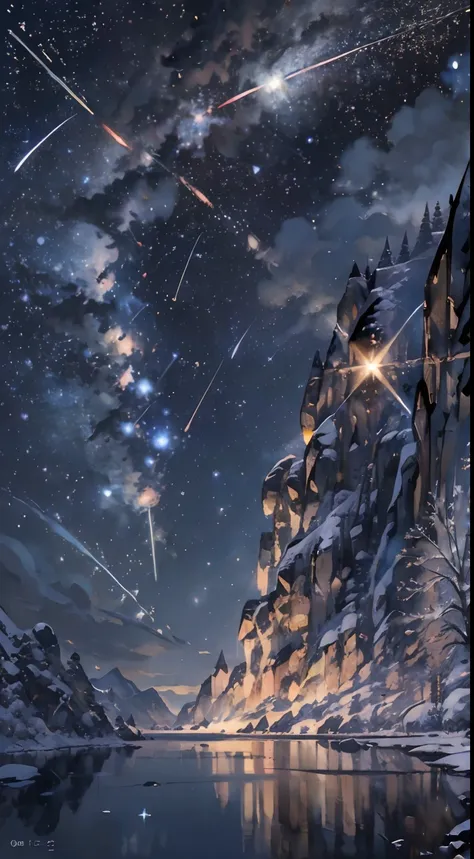 (desperate meteorite、a huge meteorite is falling:1.8)、((background with、winters、snowscape、silver world、wide night sky、nighttime ...