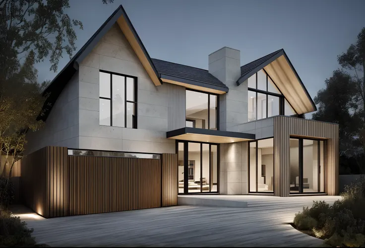 gable roof, modern Scandinavian house, floor-to-ceiling windows, smooth limestone accents, wood accents, exterior design, award winning render, contemporary house, a photorealistic rendering, fully detailed render, large modern residence, 4k, dusk, dramati...