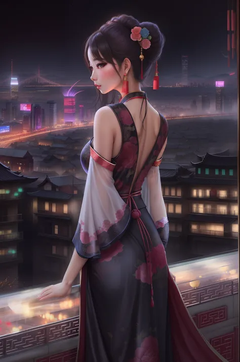 A beautiful woman,oriental woman,Oriental dress,Beautiful woman in the foreground,A city far in the background,The beauty looks at the camera,On a black background,bblurry