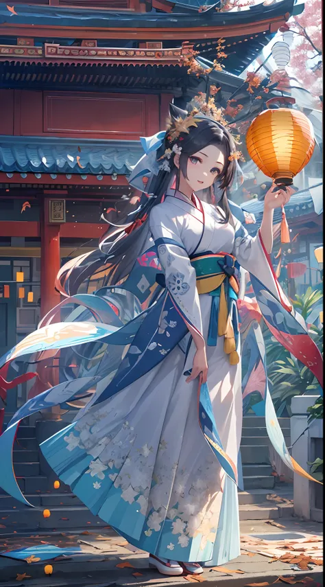 official art, unity 8k wallpaper, ultra detailed, beautiful and aesthetic, masterpiece, best quality, (Fire, water, ribbon, paper cutting), (fractal art:1.3) 1girl,building, (solo:1.5), chinese_clothes, sky, outdoors, wide_sleeves, black_hair, sunset, (fal...