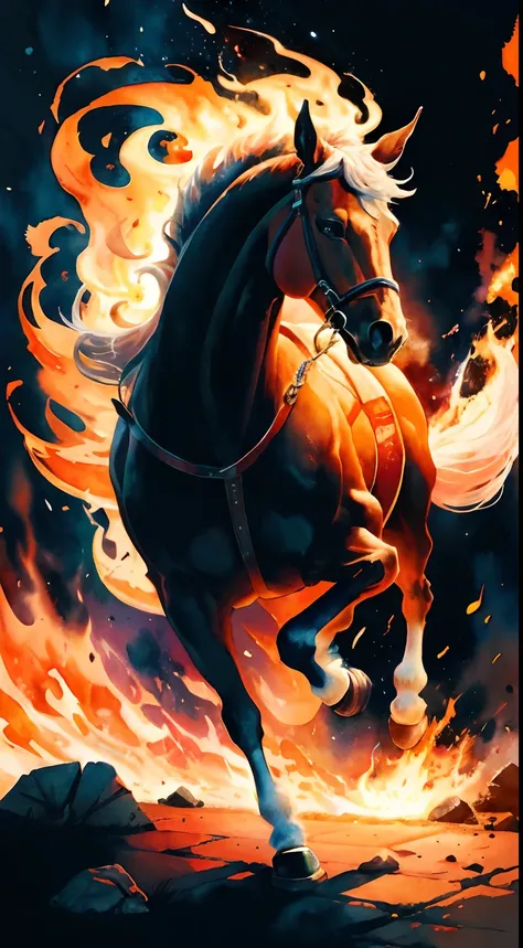 watercolor illustration,un caballo de fuego parado sobre sus patas traseras, (caballo de fuego solo:1.4)hermosa obra de arte,,hi...