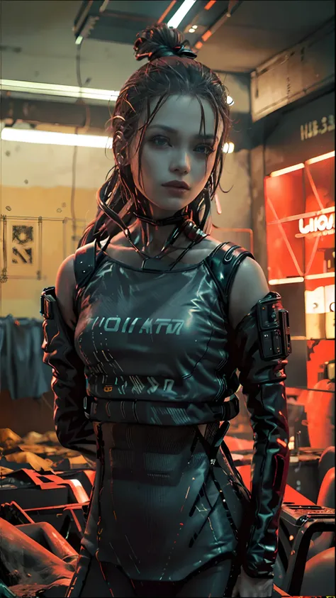 foto realista, cinemactic, alta calidad, chica cyberpunk sentada frente a una computadora, in an abandoned room with cables and ...