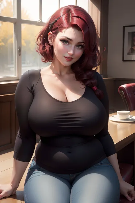 Lucy Pinder, portrait, Maroon hair, red lips, smiling, Face portrait, fat, Chubby woman, Hair tied with a clip, short hair, long sleeve t-shirt, black t-shirt, Super cleavage, jeans, sitting.