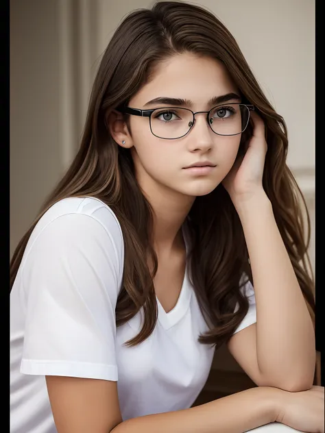 Realistic photo of a 16-year-old girl of European appearance; thick brown hair below the shoulder blades, slightly curly from medium length;;;, Large shiny dark brown eyes, long eyelashes, eyeglasses(Natural glare of glasses), thick eyebrows, Serious, хмур...