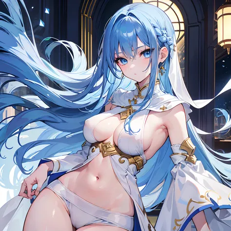 1girl, masterpiece, high resolution, extremely detailed, realistic, long blue hair, shiny hair, bright blue eyes, alluring eyes, cute face, cute eyes, (big boobs), tall, (long legs:1.2), (wide hips), (small waist), at bar, in tavern, looking over, white cl...