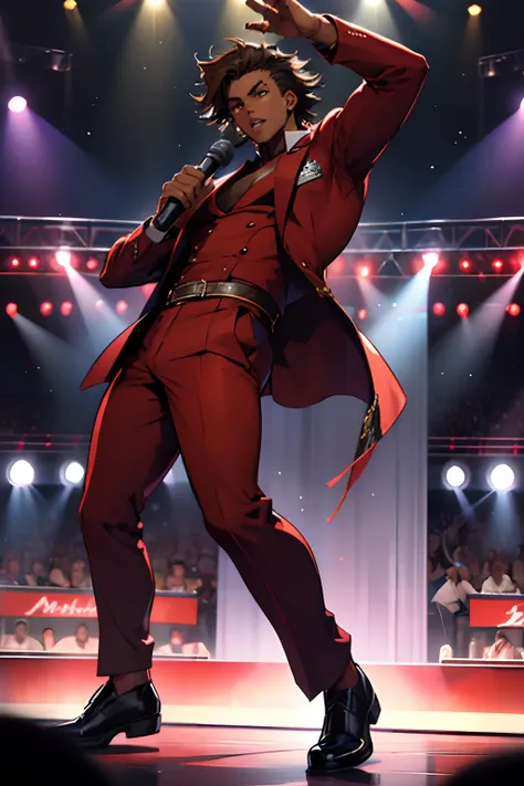 black young man, negro, messy hair, brown hair, jojo pose, show, red suit, lindo, festa, dance, microphone, singing