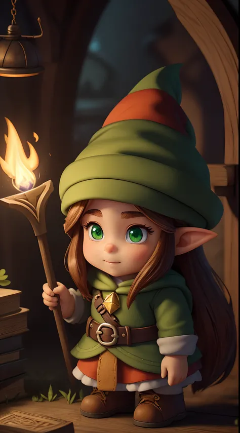 Faelira Gnomes, the cunning little gnome with long brown hair, adorable green eyes and cute and innocent appearance, hides her treacherous intelligence. In an ultra-detailed scene, the lighting highlights his cunning personality and unwavering motivation. ...