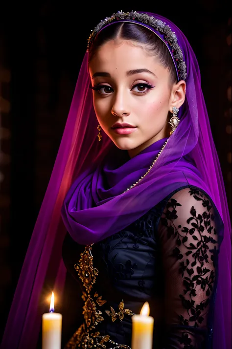 RAW photo,Highest quality,Resolution,Intricate portrait of the beautiful Ariana Grande,triadic colors,8K,Illuminated by warmly lit candles,Set against the backdrop of a spooky dungeon . Stunning interpretive visuals,Minimalist scarf and veil. F1.0 shots,Ti...