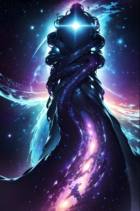 "cosmic entity": um ser com quatro olhos brilhantes, multiple arms, A breathtaking view from space reveals a twisted galaxy filled with strange life forms and entities that humans understand. Planet with night sky, fenda, leviathan, 8k, lindo, dramatic sce...