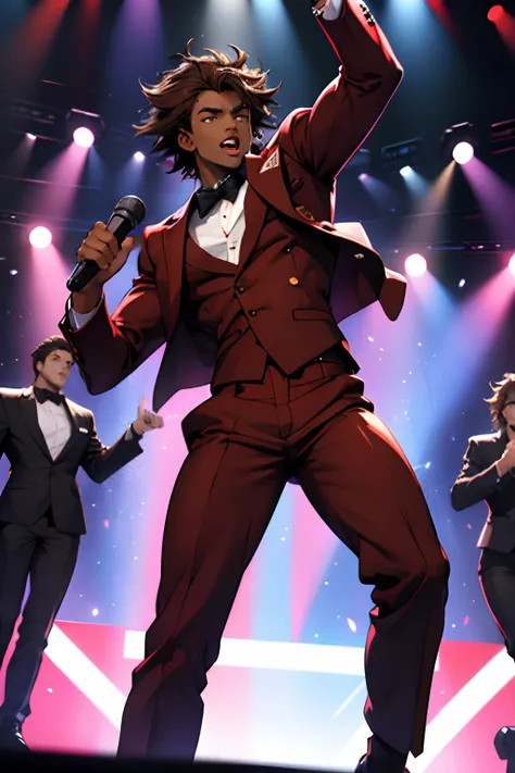 black young man, negro, messy hair, brown hair, jojo pose, show, red suit, lindo, festa, dance, microphone, singing