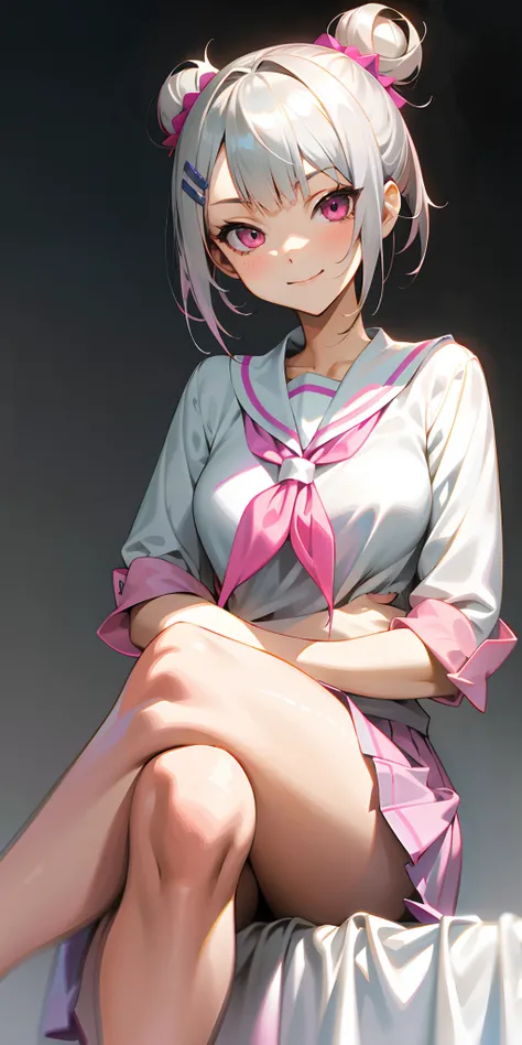 (masutepiece), Expressive eyes, Perfect face, 1 girl、Short hairstyle with silver hair and bob, Hair tied in a bun with a hair clip, Pink eyes, Seductive smile, School uniform, Miniskirt, ((crossed legs)), nice thigs