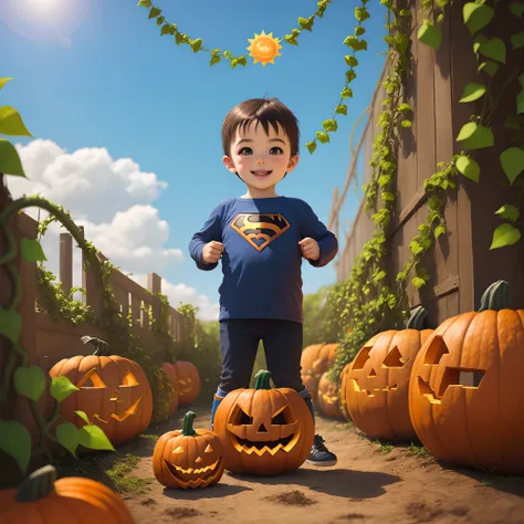 Dreamy, urban mischievous pumpkin patch, vines, blue skies, sunshine, young child heroine, superhero, ultra realistic